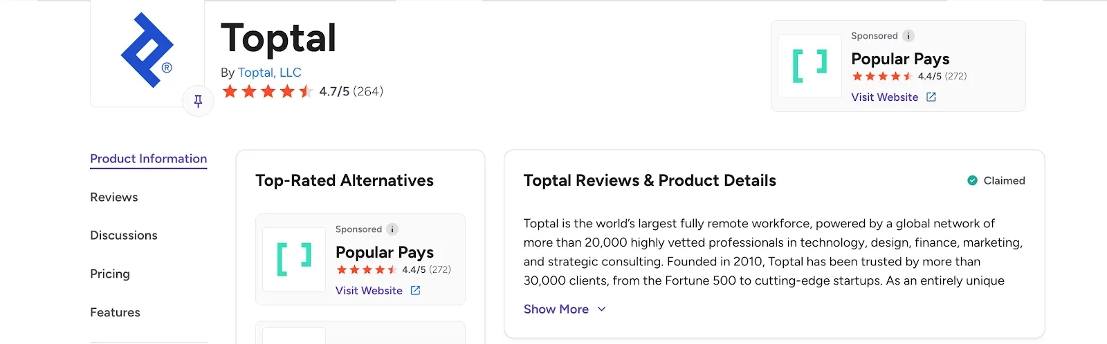 Toptal's rating on G2