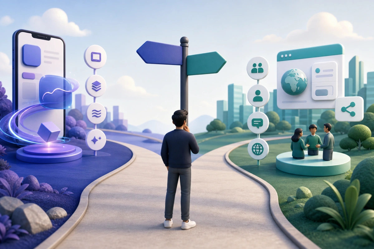 A senior engineer stands at a junction of two paths labeled with characteristics of each framework