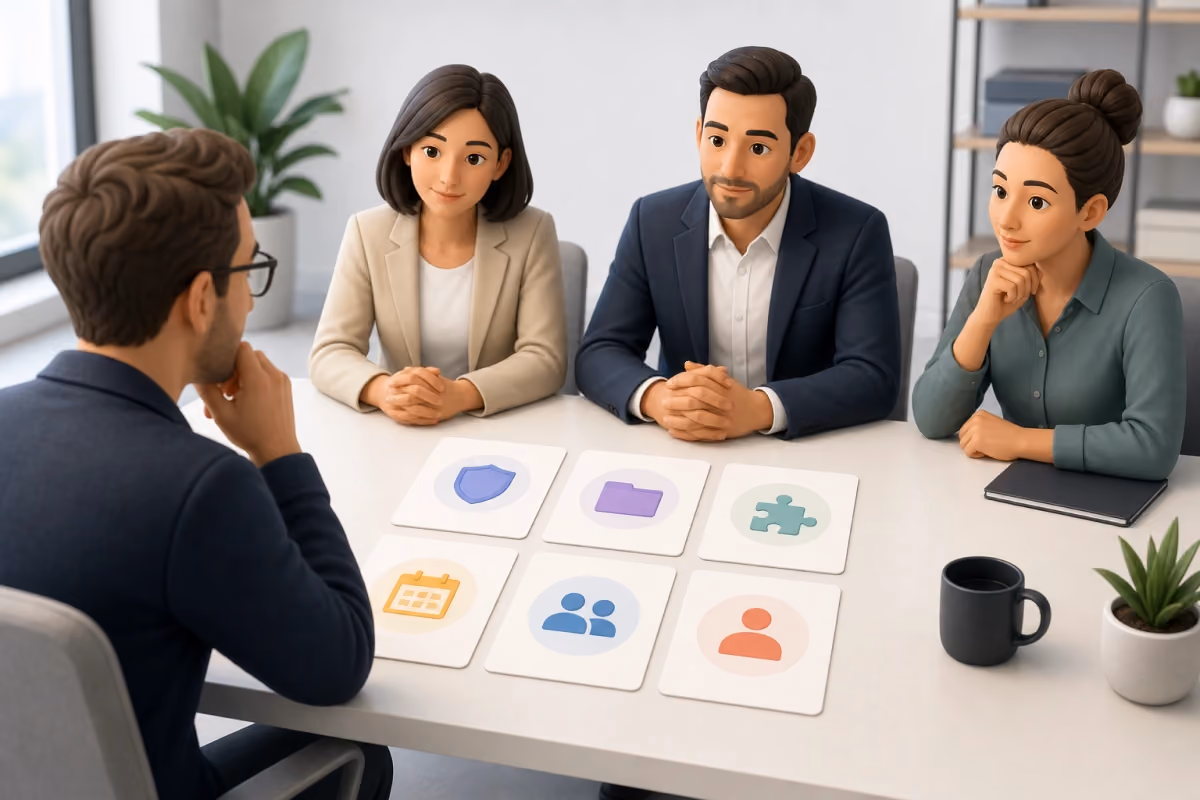 A founder reviewing six question cards with vendor representatives across a table