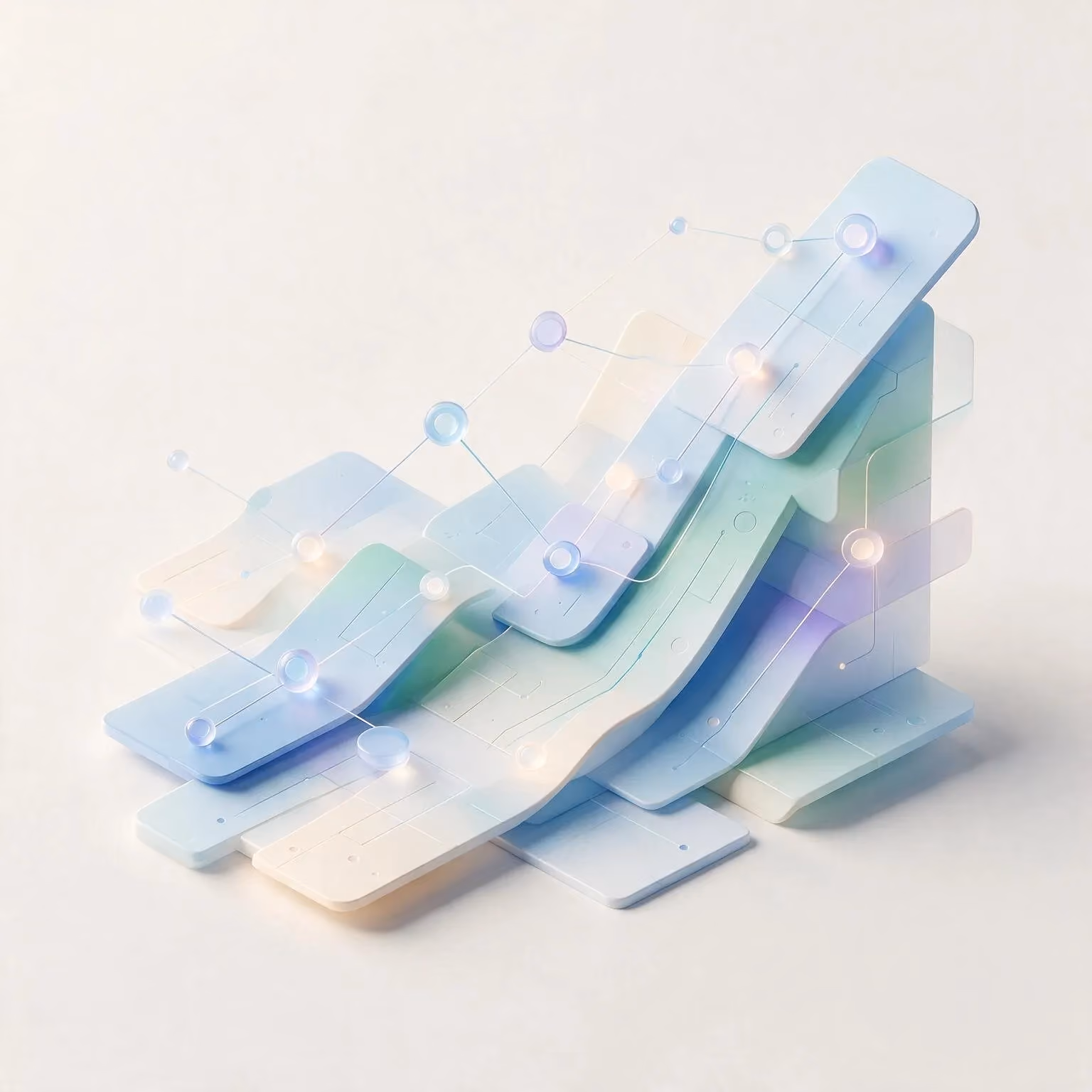 Square cover: abstract layered panels forming an ascending AI development cost curve