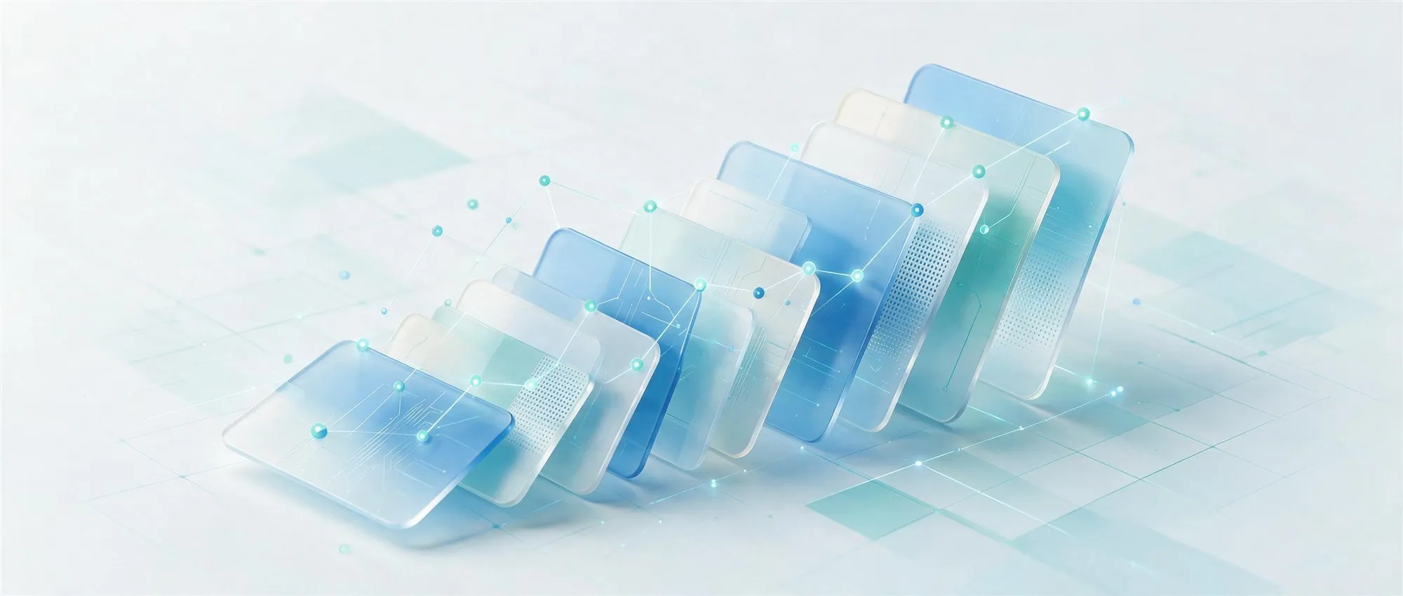 Abstract ultra-wide illustration of AI software development cost planning: layered geometric panels forming an ascending cost curve with glowing data nodes