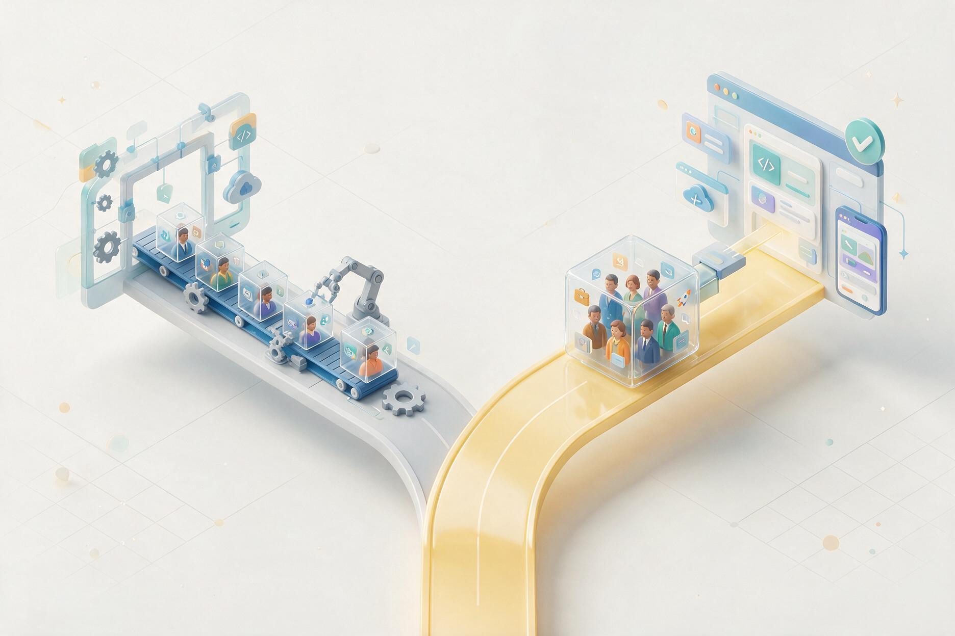 Two diverging paths comparing slow in-house team assembly from separate role blocks with a pre-assembled agency team module plugging into a product