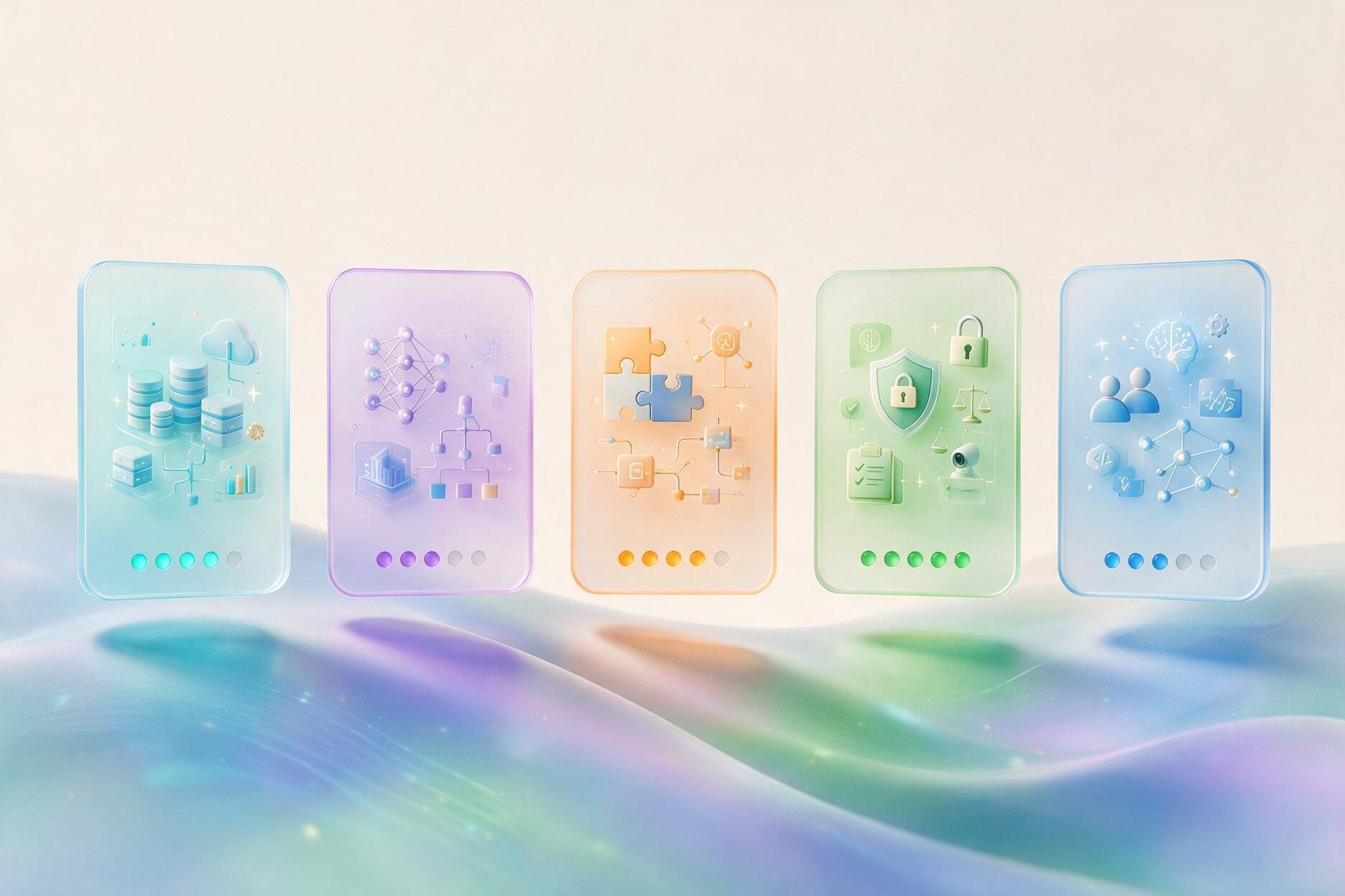 Five abstract cards representing the AI cost drivers: data readiness, model strategy, integrations, compliance, and team seniority