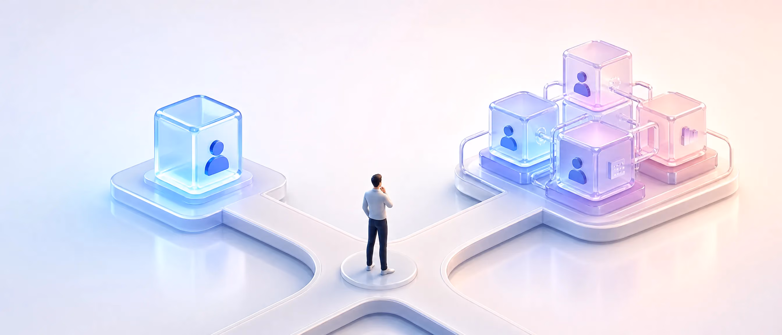 Conceptual illustration of a decision crossroads between a freelance AI engineer and an AI development agency