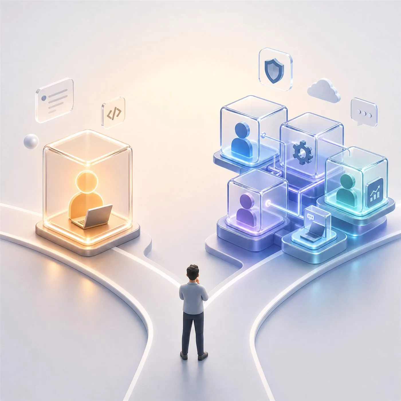 Square conceptual illustration of a decision crossroads between a freelance AI engineer and an AI development agency