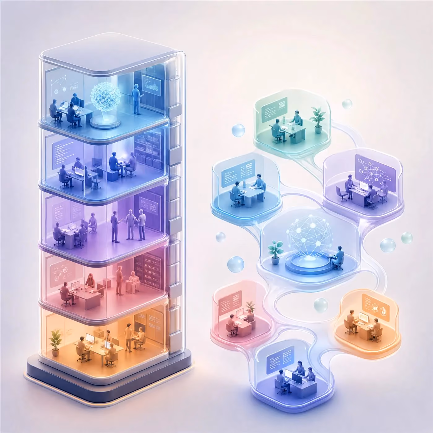 Square conceptual illustration comparing an in-house team tower and an outsourced partner cluster