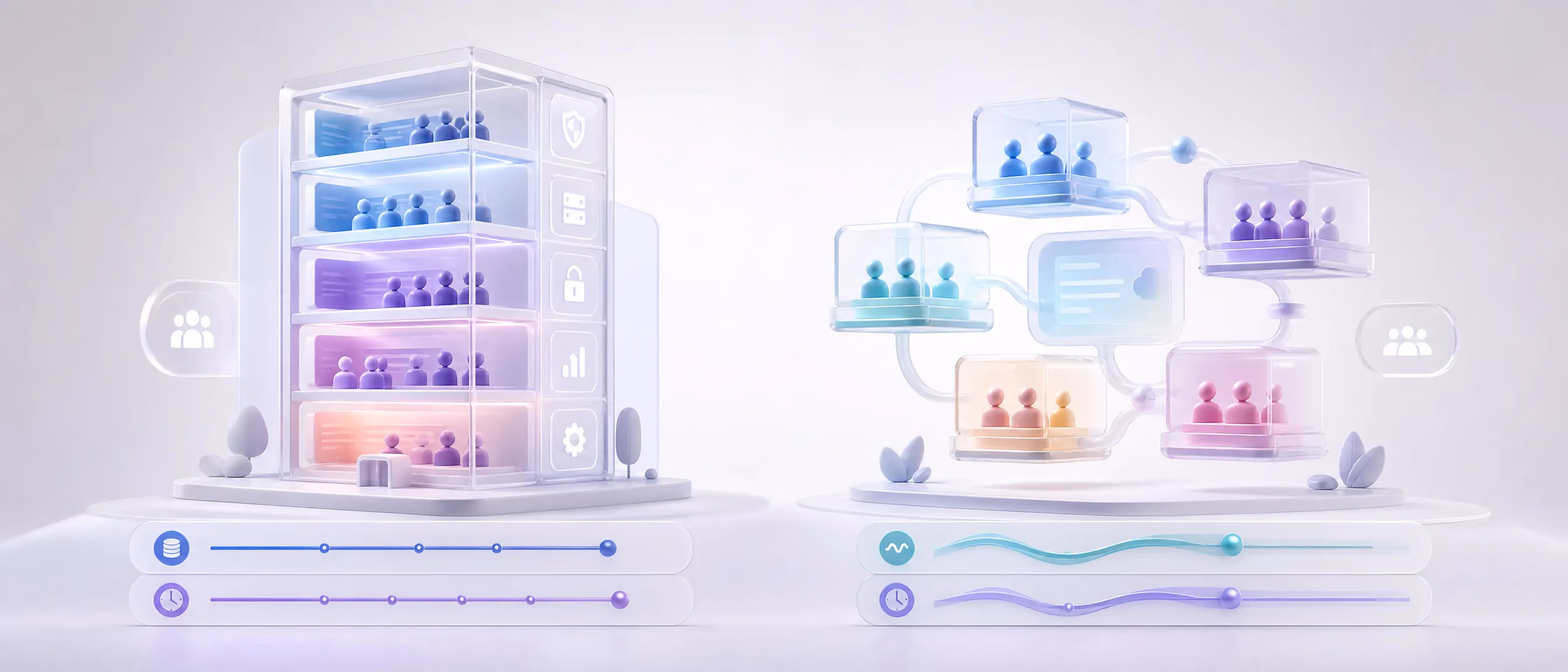 Conceptual illustration comparing an enclosed in-house team tower and a flexible outsourced partner cluster