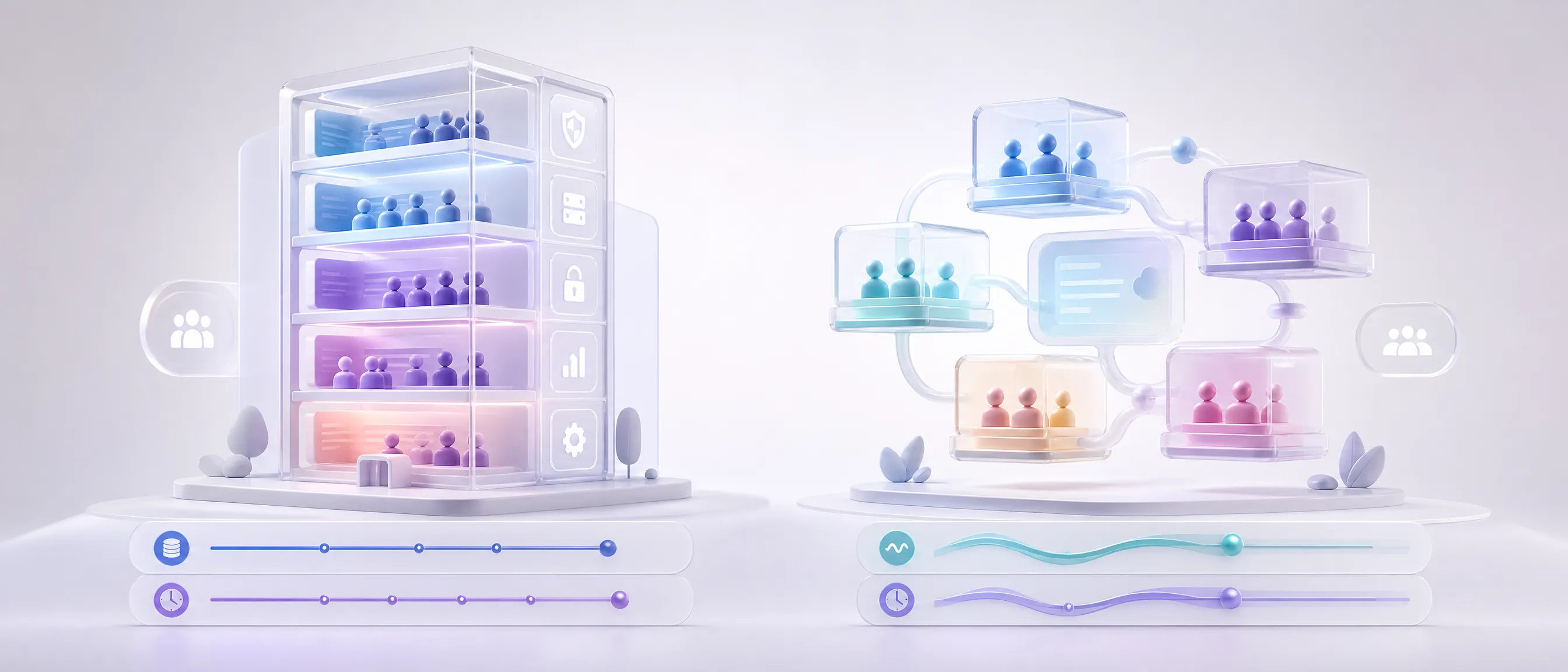 Conceptual illustration comparing an enclosed in-house team tower and a flexible outsourced partner cluster