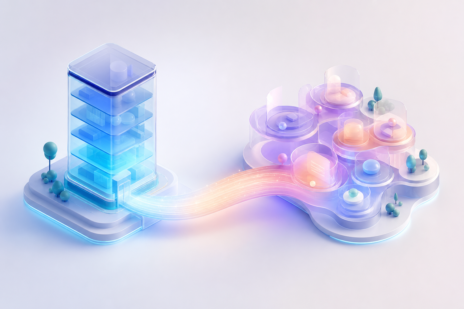 Conceptual illustration of a hybrid model bridging an internal team tower and an external partner cluster