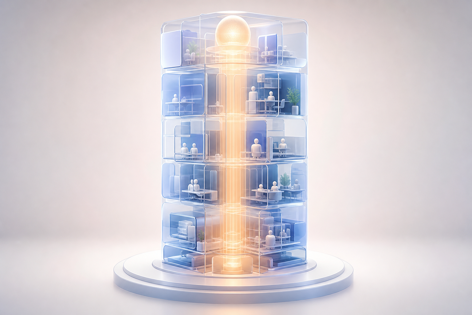 Conceptual illustration of an in-house engineering team as a tall enclosed translucent tower of stacked modules