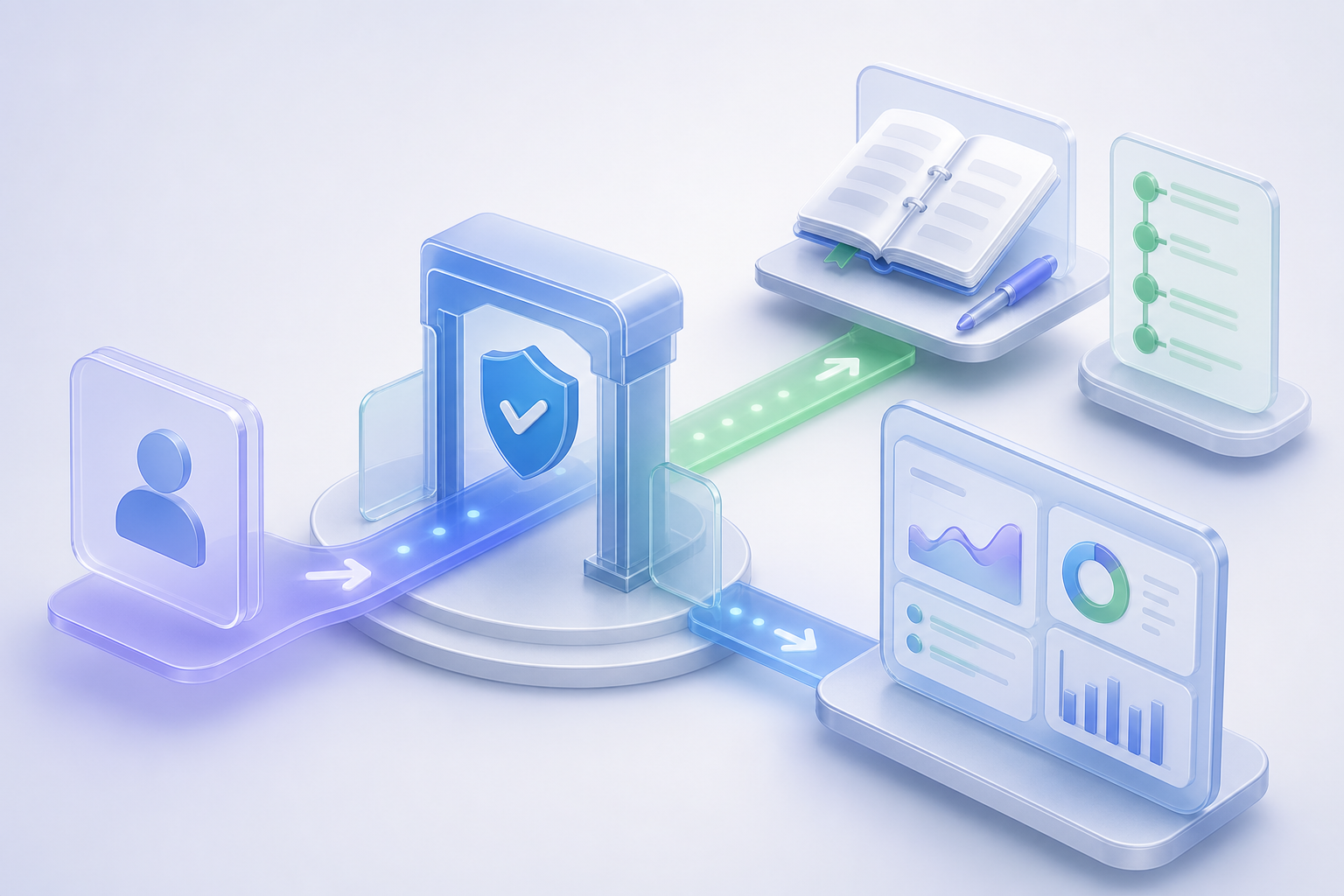 Conceptual illustration of a partner evaluation gate with an audit trail and monitoring dashboard