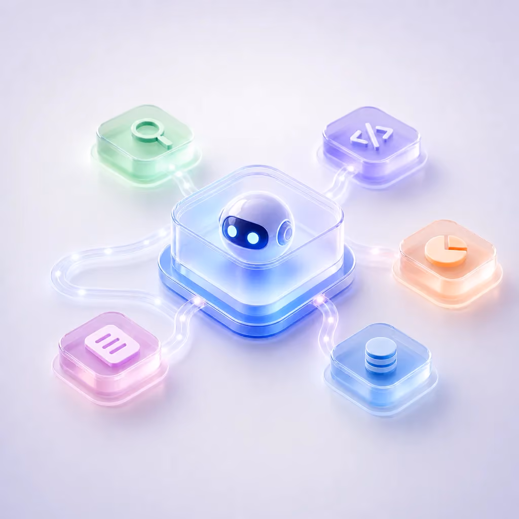 Isometric 3D illustration of an autonomous AI agent as a central glass module connected to floating software tools