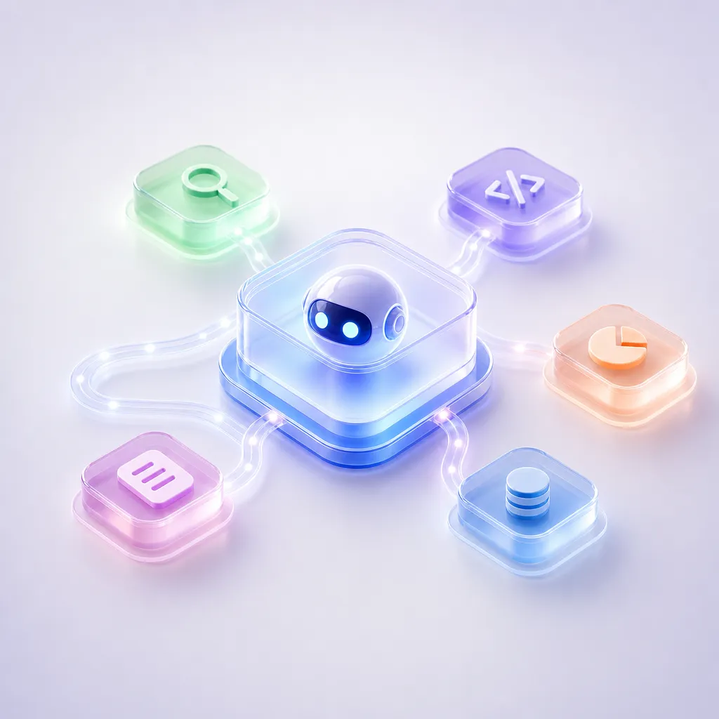 Isometric 3D illustration of an autonomous AI agent as a central glass module connected to floating software tools