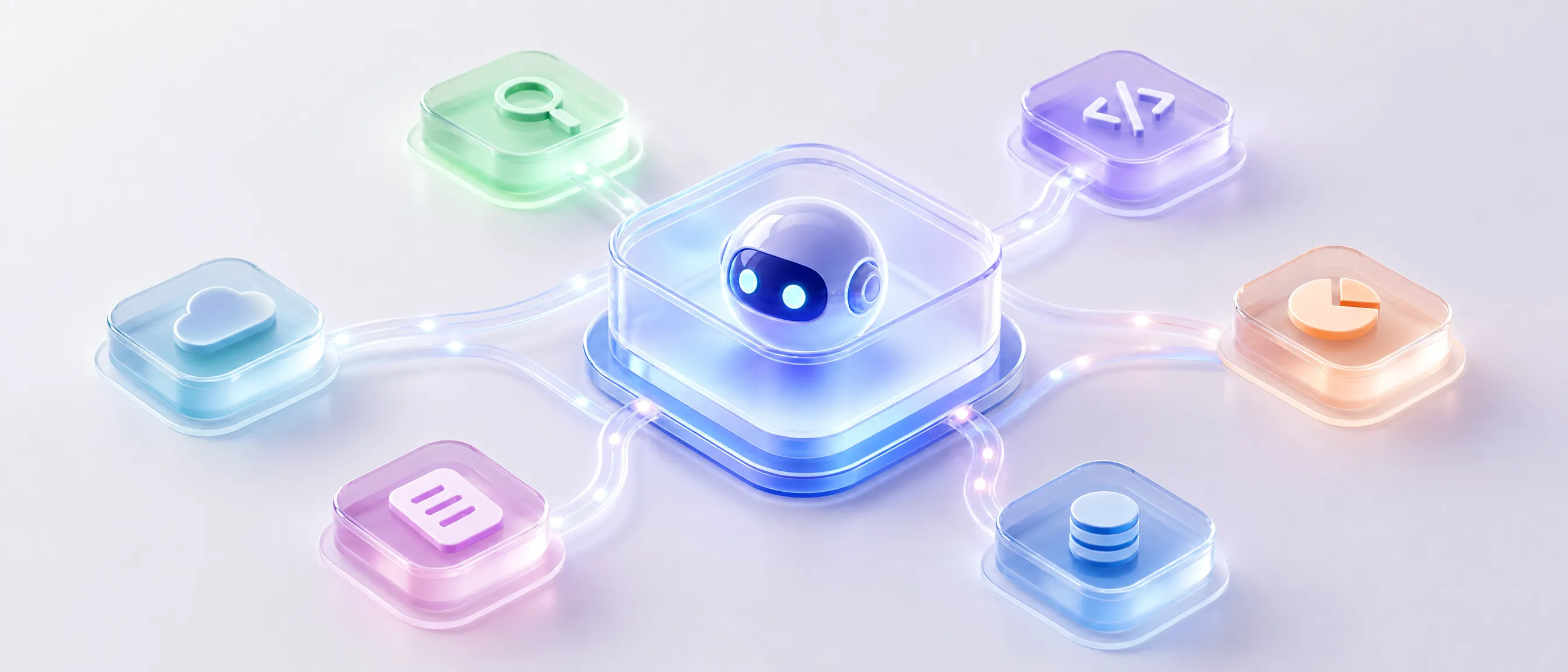 Isometric 3D illustration of an autonomous AI agent as a central glass module connected to floating software tools