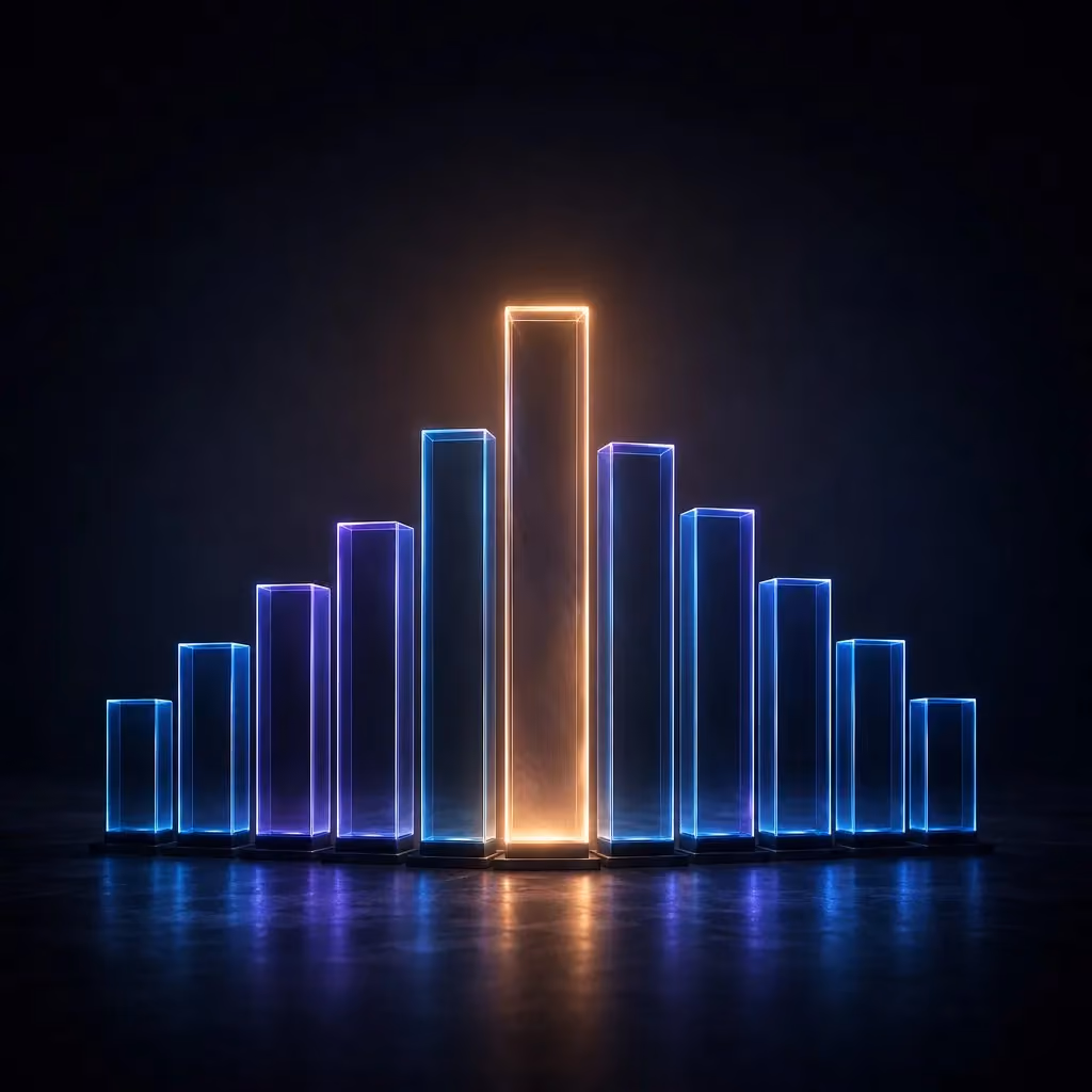 Ranked glass podium blocks centered on a dark background with the tallest lit in amber, representing the top AI development company ranking for 2026