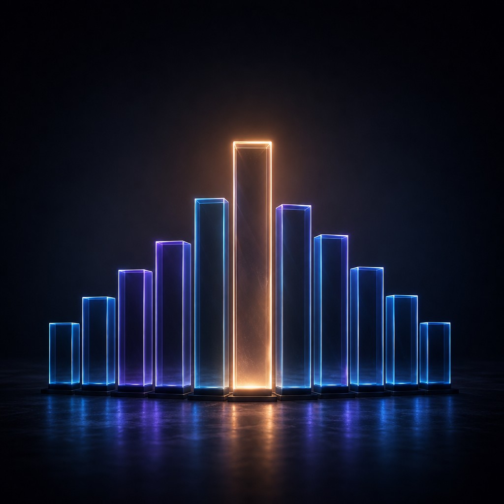 Ranked glass podium blocks centered on a dark background with the tallest lit in amber, representing the top AI development company ranking for 2026