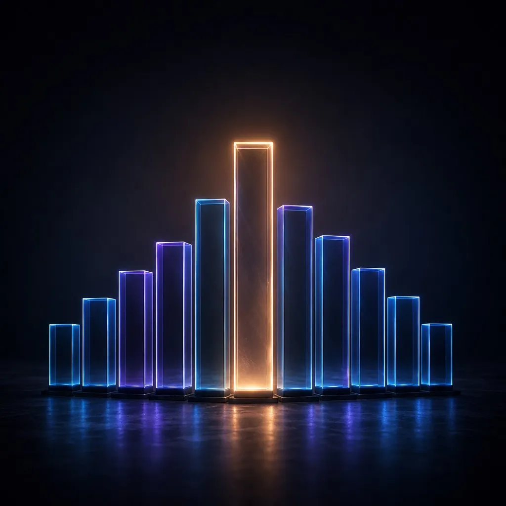 Ranked glass podium blocks centered on a dark background with the tallest lit in amber, representing the top AI development company ranking for 2026