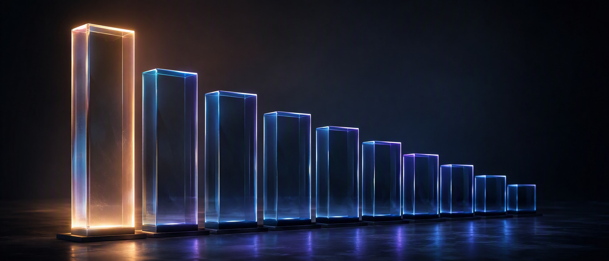 Ten glowing glass podium blocks of descending height on a dark stage, the tallest lit in amber, representing a ranked list of the top AI development companies in 2026