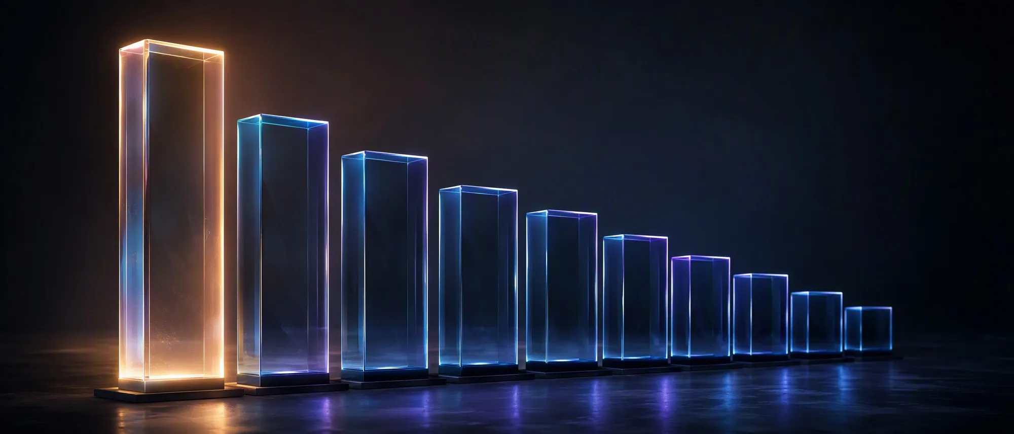Ten glowing glass podium blocks of descending height on a dark stage, the tallest lit in amber, representing a ranked list of the top AI development companies in 2026