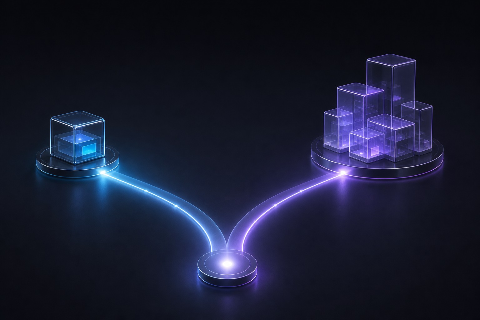 Two lit paths from a single origin, one to a compact module and one to a larger structure, representing partner fit