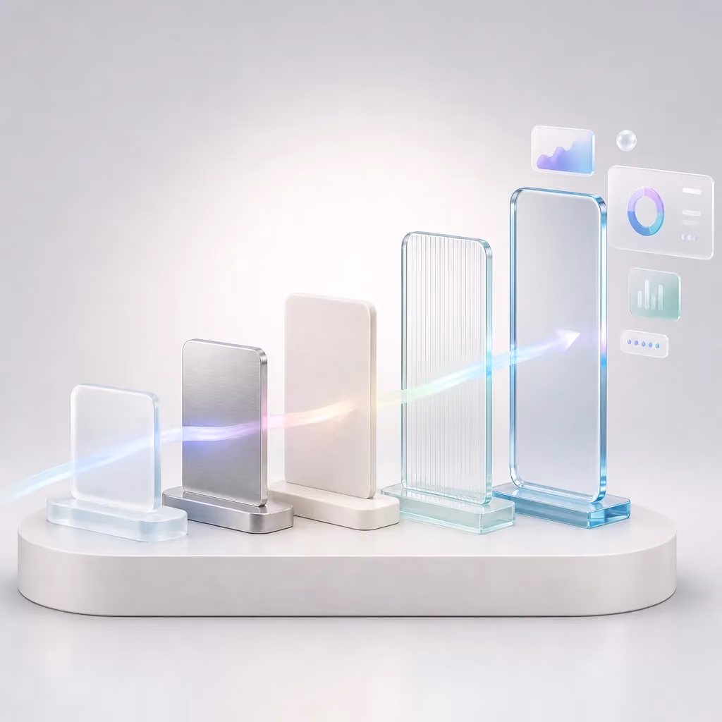 Square view of five ranked glass platform cards representing the SaaS development companies compared in 2026