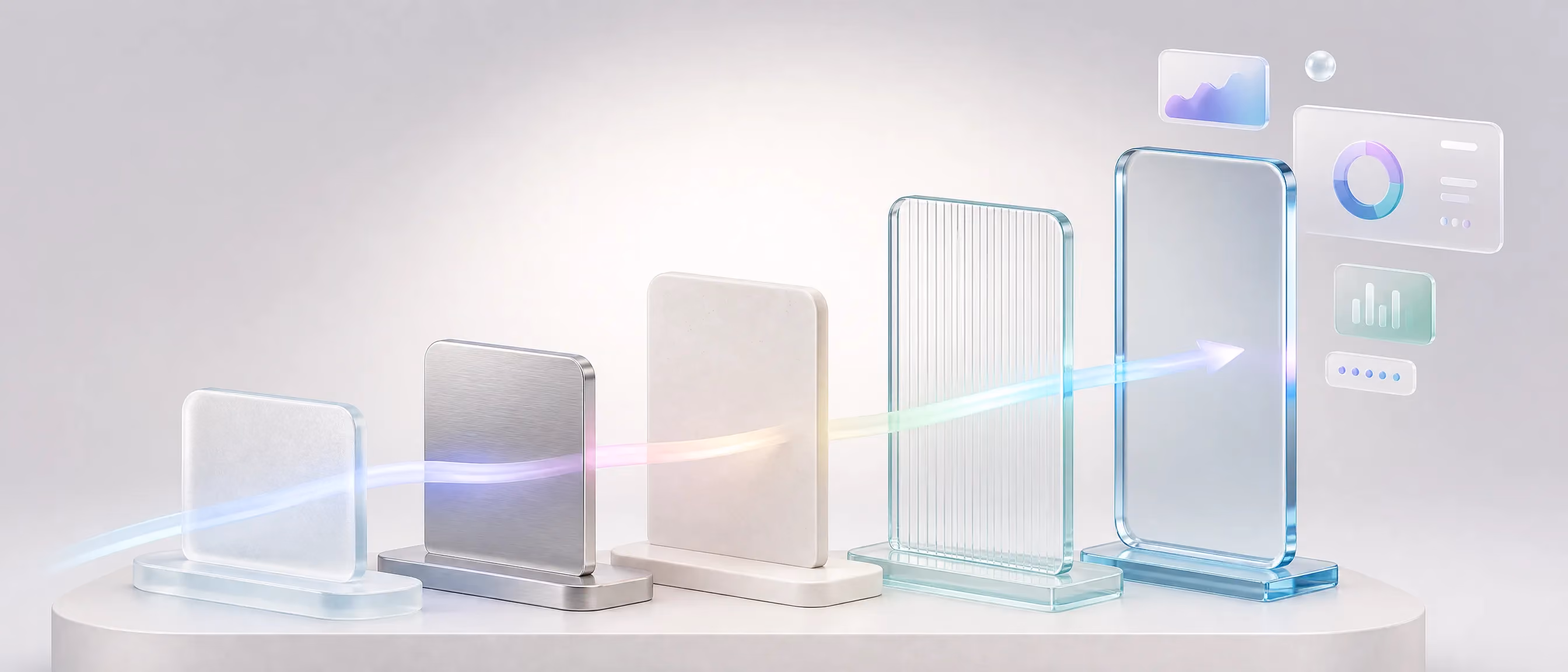 Five ranked glass platform cards of increasing height with a glowing ribbon threading through them, illustrating a ranked comparison of SaaS development companies