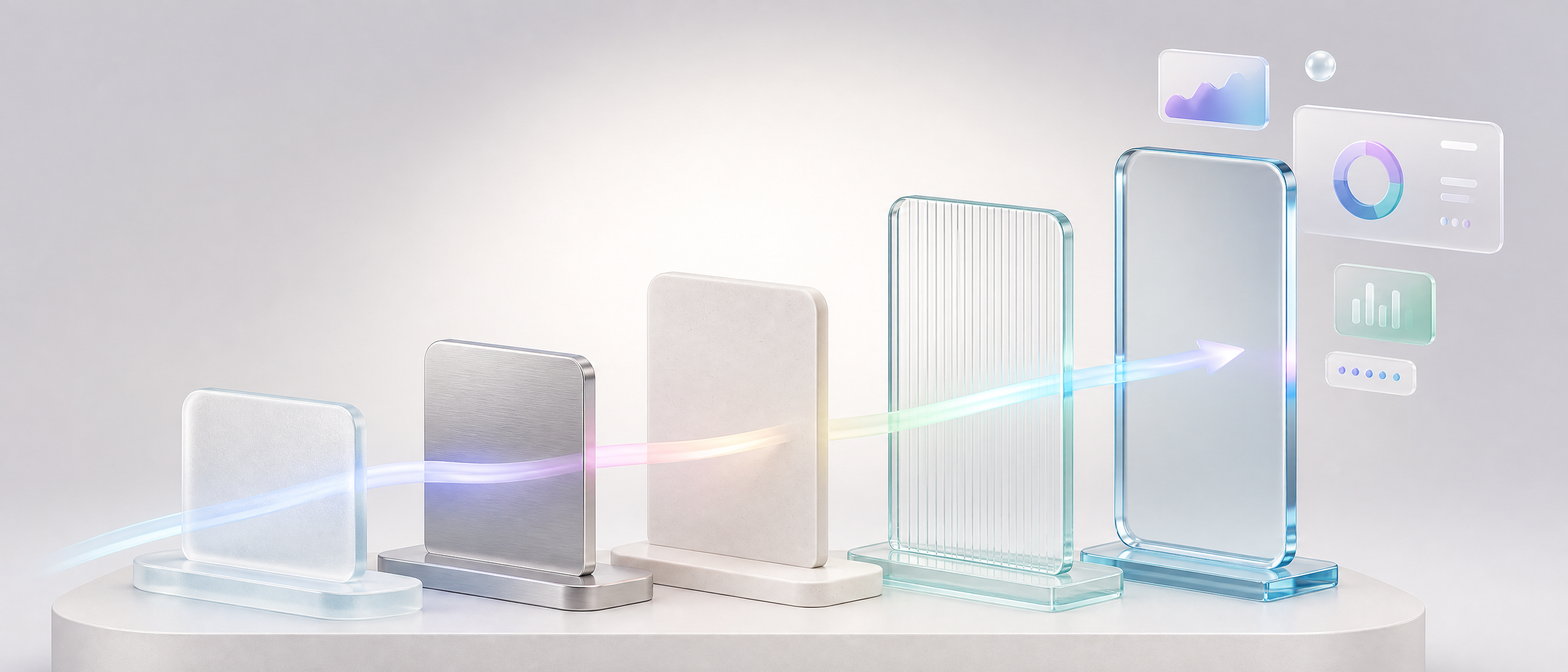 Five ranked glass platform cards of increasing height with a glowing ribbon threading through them, illustrating a ranked comparison of SaaS development companies