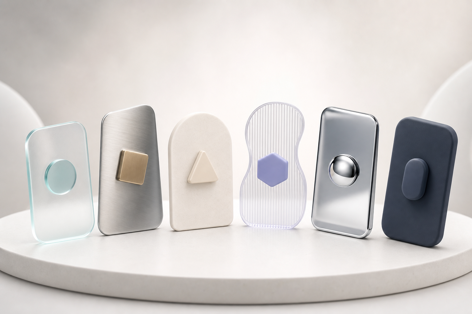 Six cards with different material finishes standing side by side, representing the distinct SaaS development company profiles compared in this guide