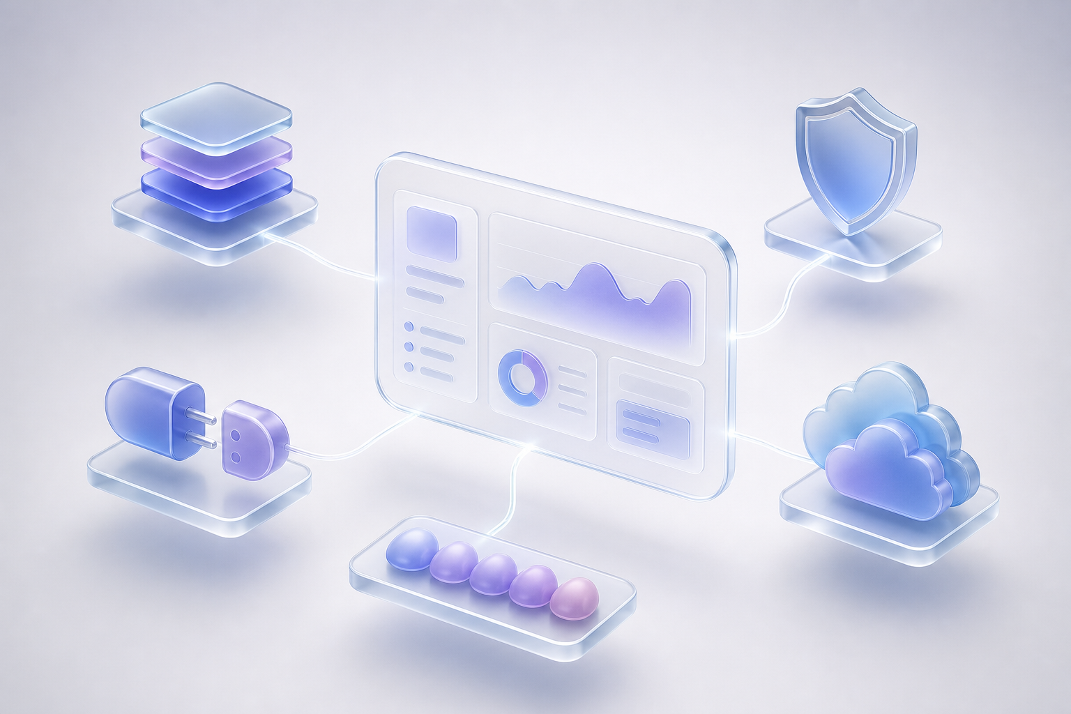 Five SaaS partner evaluation criteria - architecture, security, integrations, cloud scaling and client reviews - connecting into a central dashboard panel