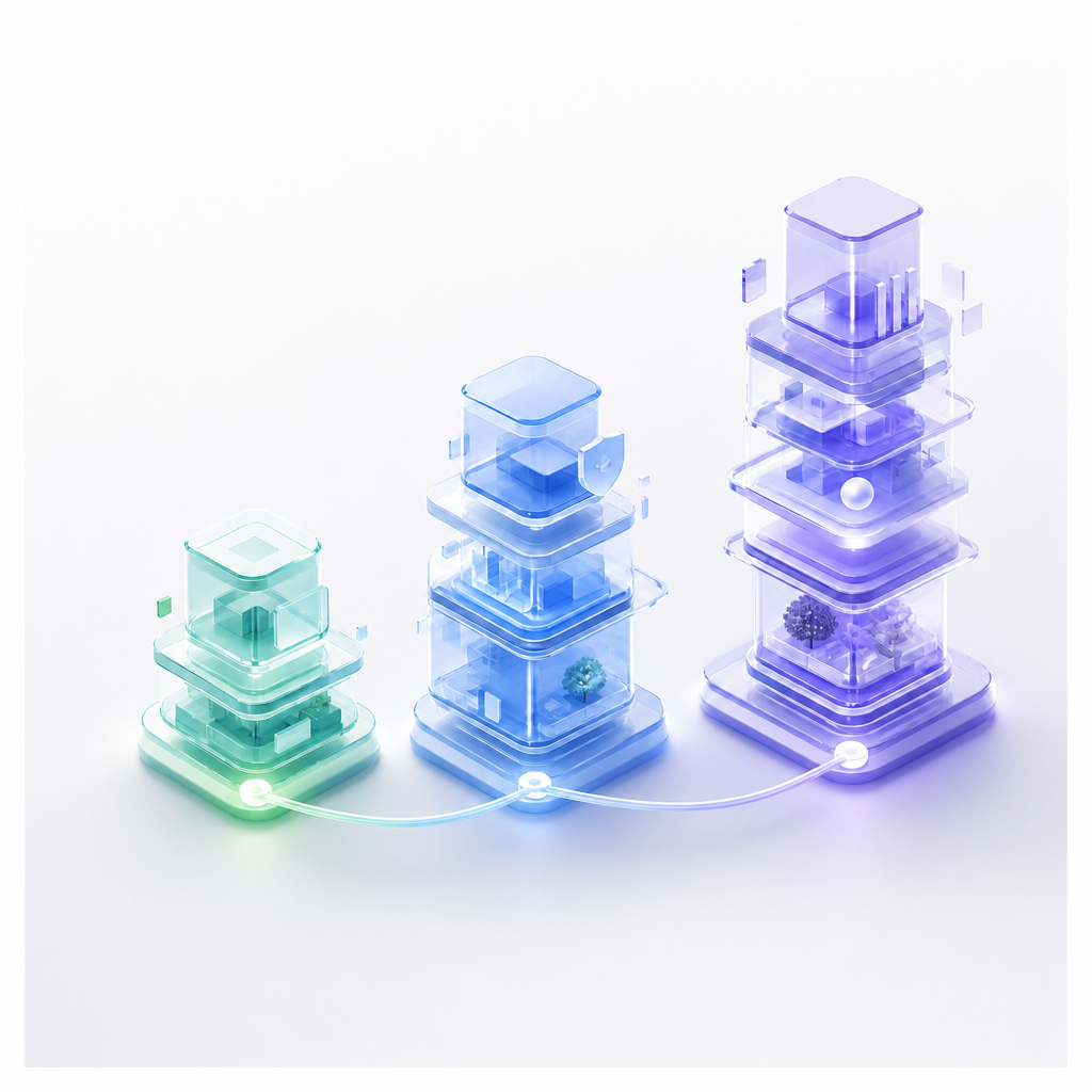 Three glass tower structures representing rising nearshore development cost tiers, square crop