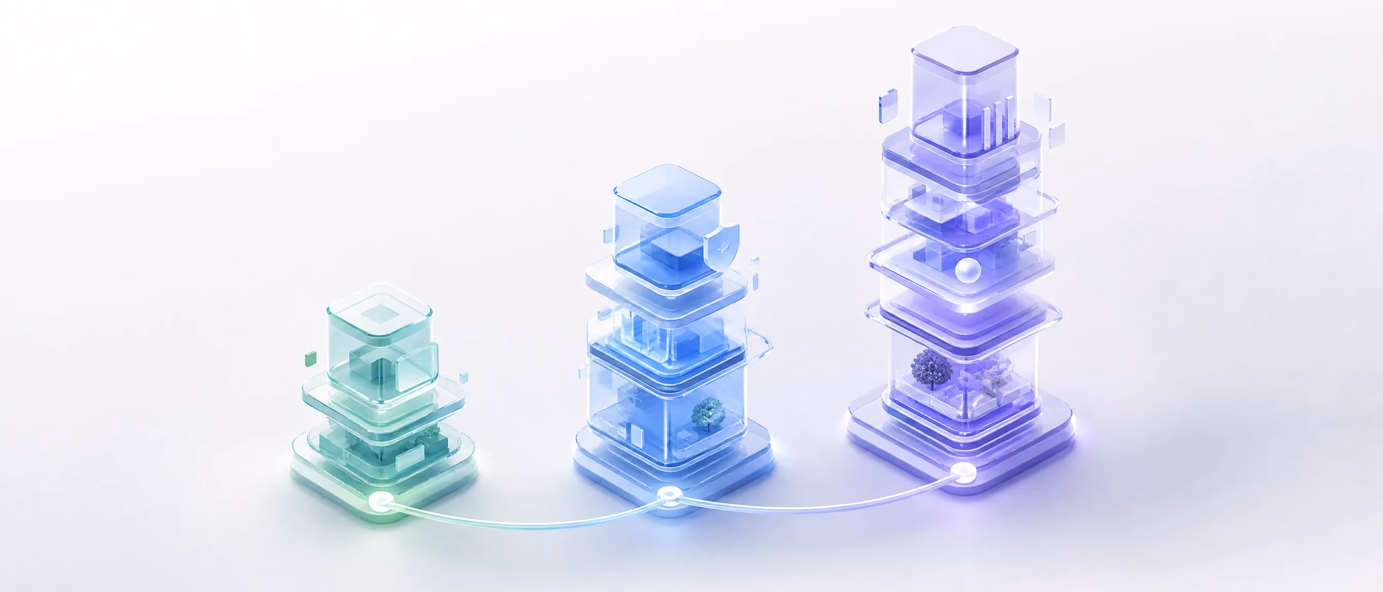 Three glass tower structures of increasing height representing rising nearshore development cost tiers
