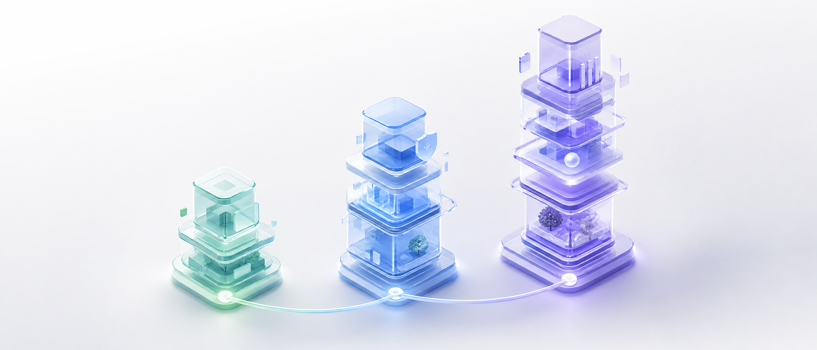 Three glass tower structures of increasing height representing rising nearshore development cost tiers