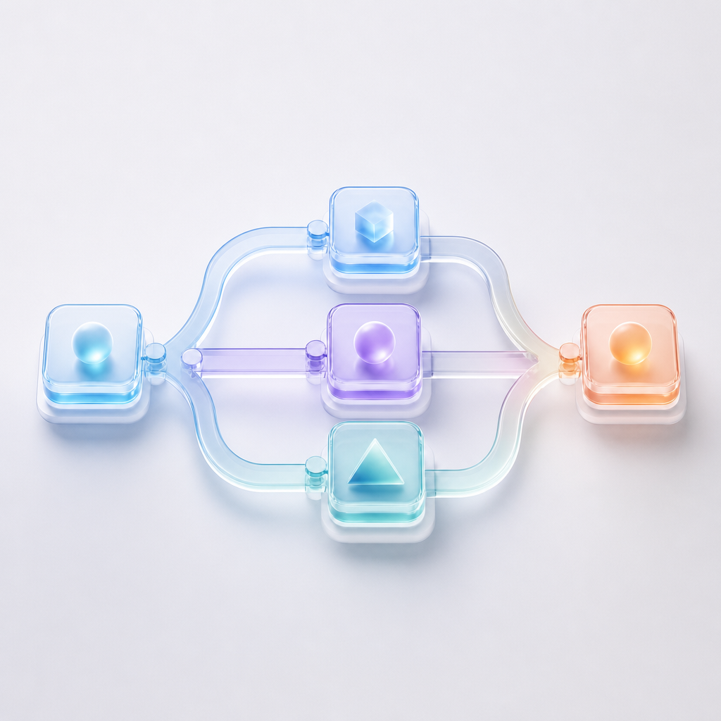 Glass decision-tree structure representing how to choose a logistics software partner, square crop