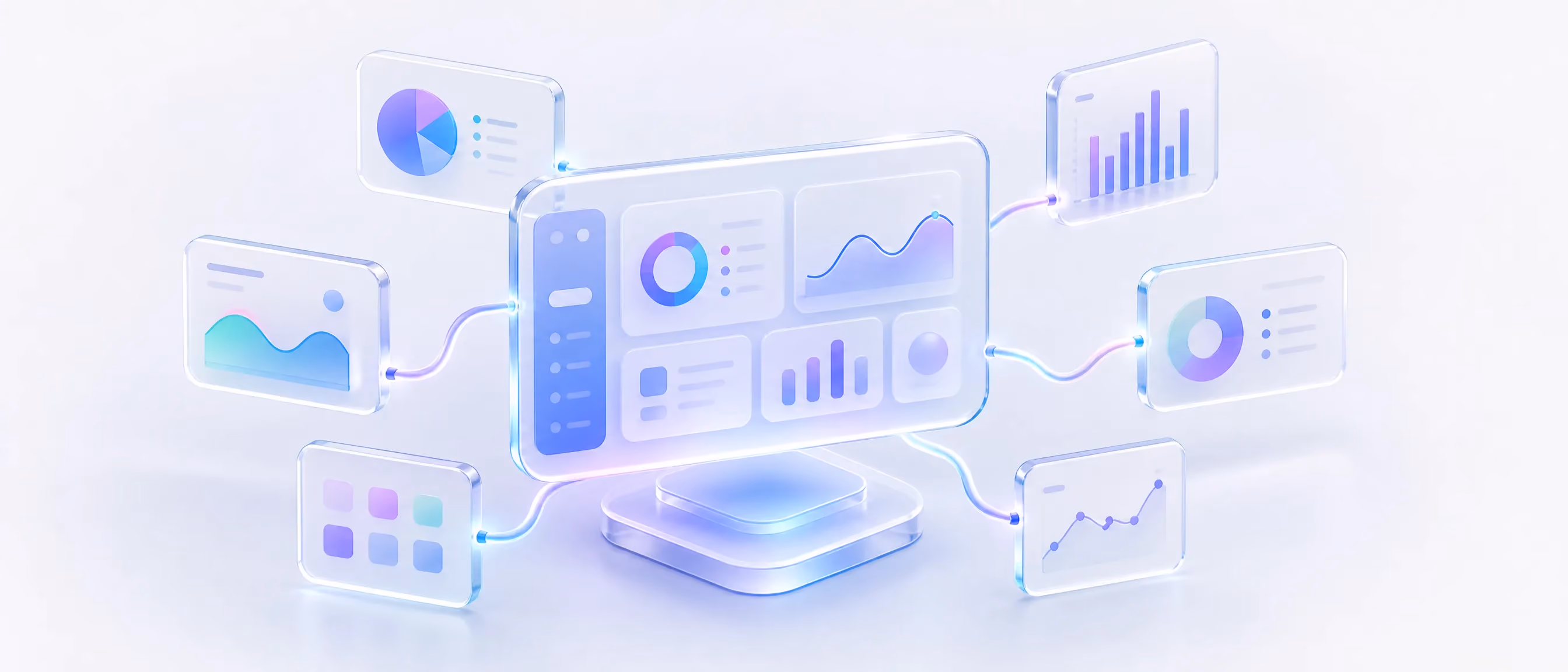 Central glass dashboard hub with several chart and graph modules orbiting it, representing business intelligence and data analytics services