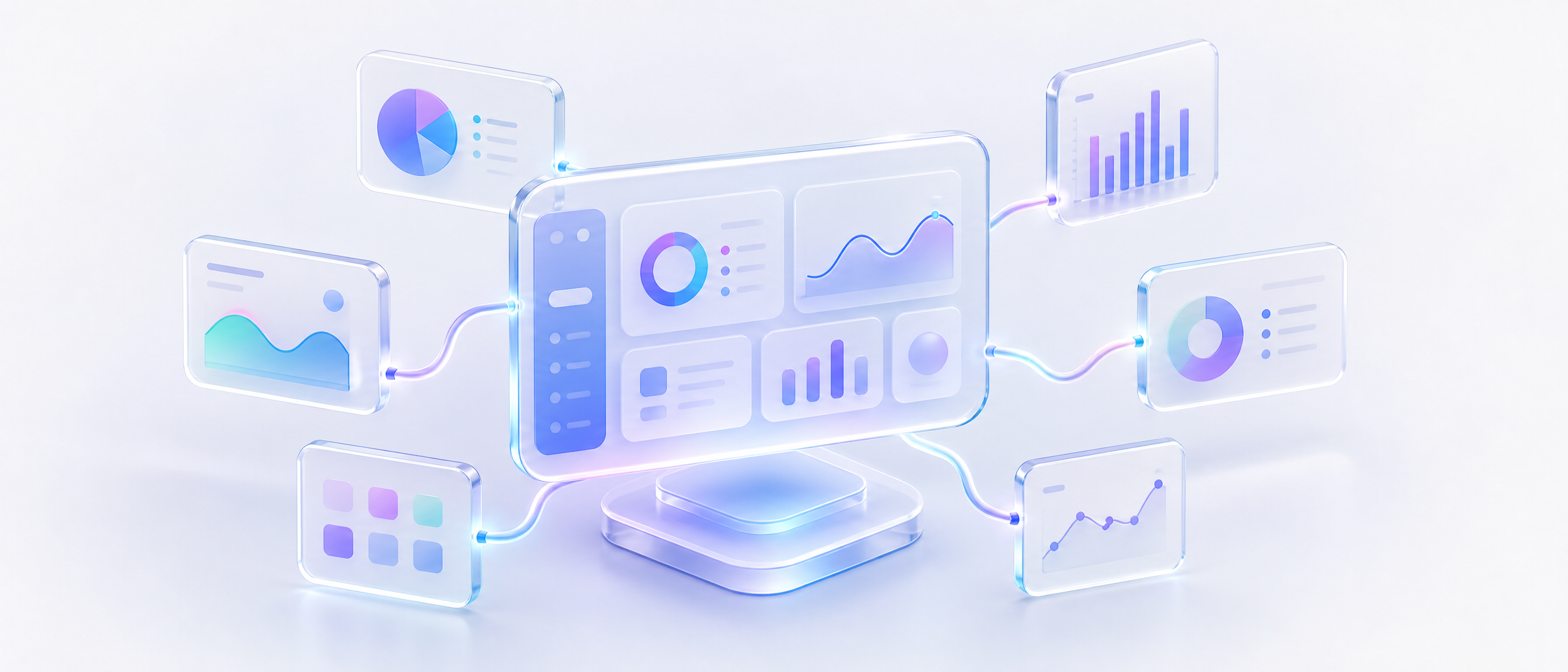 Central glass dashboard hub with several chart and graph modules orbiting it, representing business intelligence and data analytics services