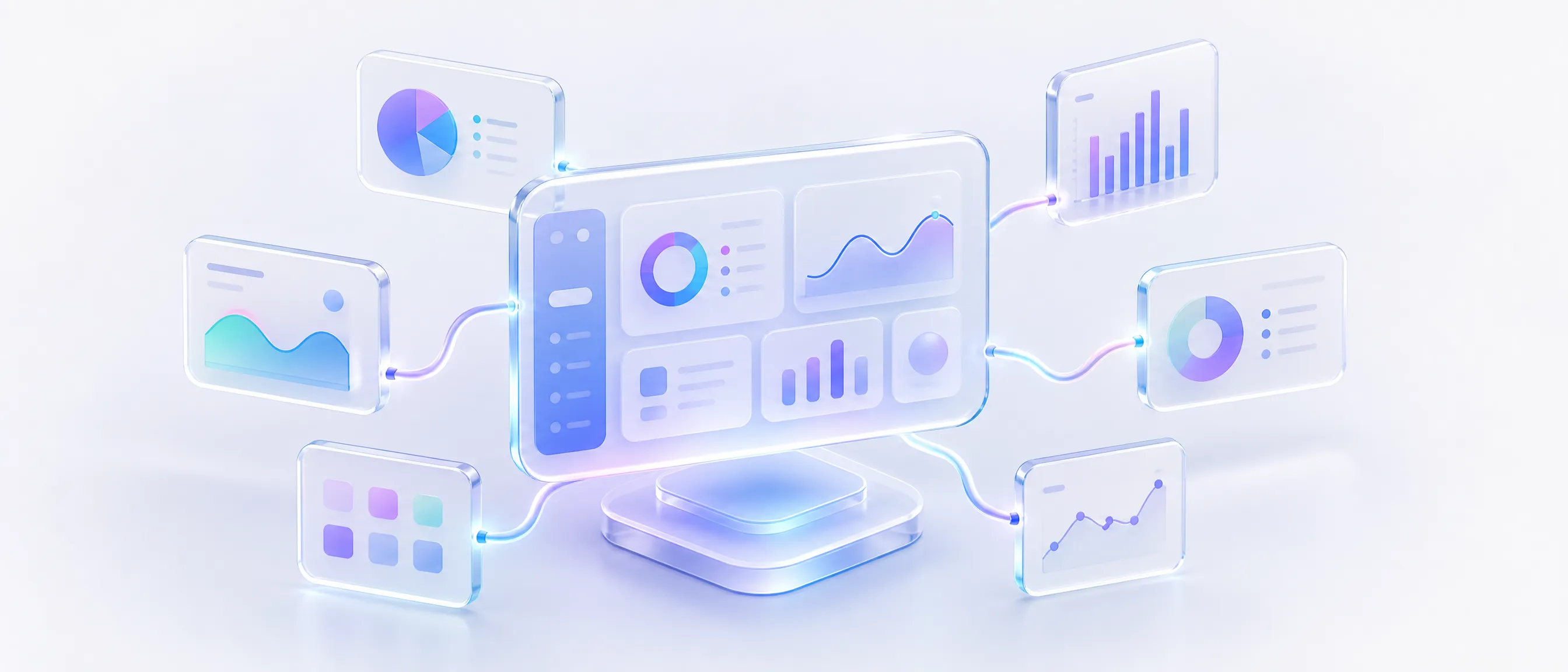 Central glass dashboard hub with several chart and graph modules orbiting it, representing business intelligence and data analytics services