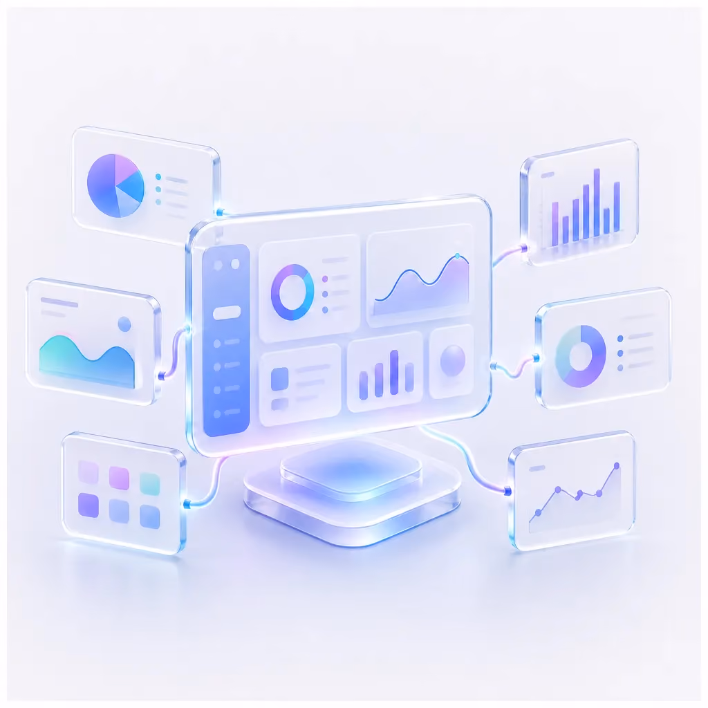 Central glass dashboard hub representing business intelligence and data analytics services, square crop