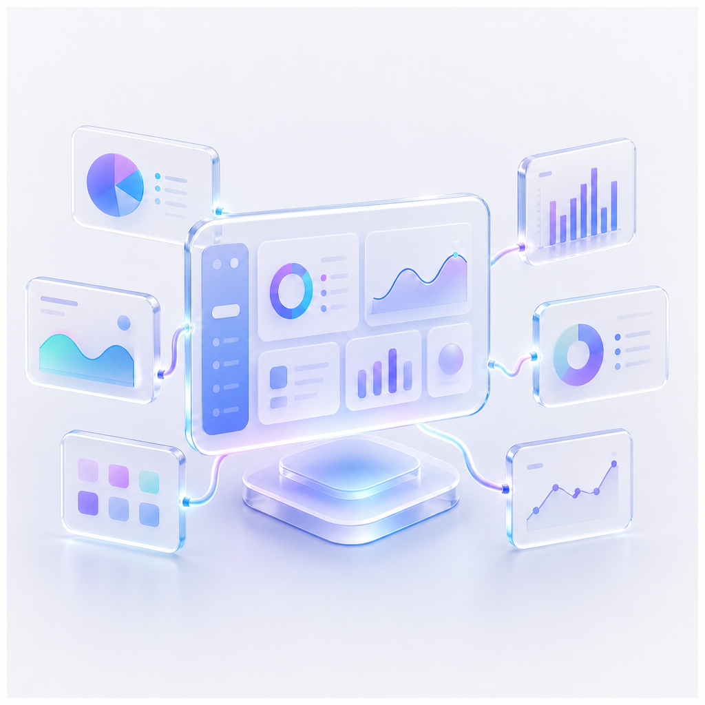 Central glass dashboard hub representing business intelligence and data analytics services, square crop