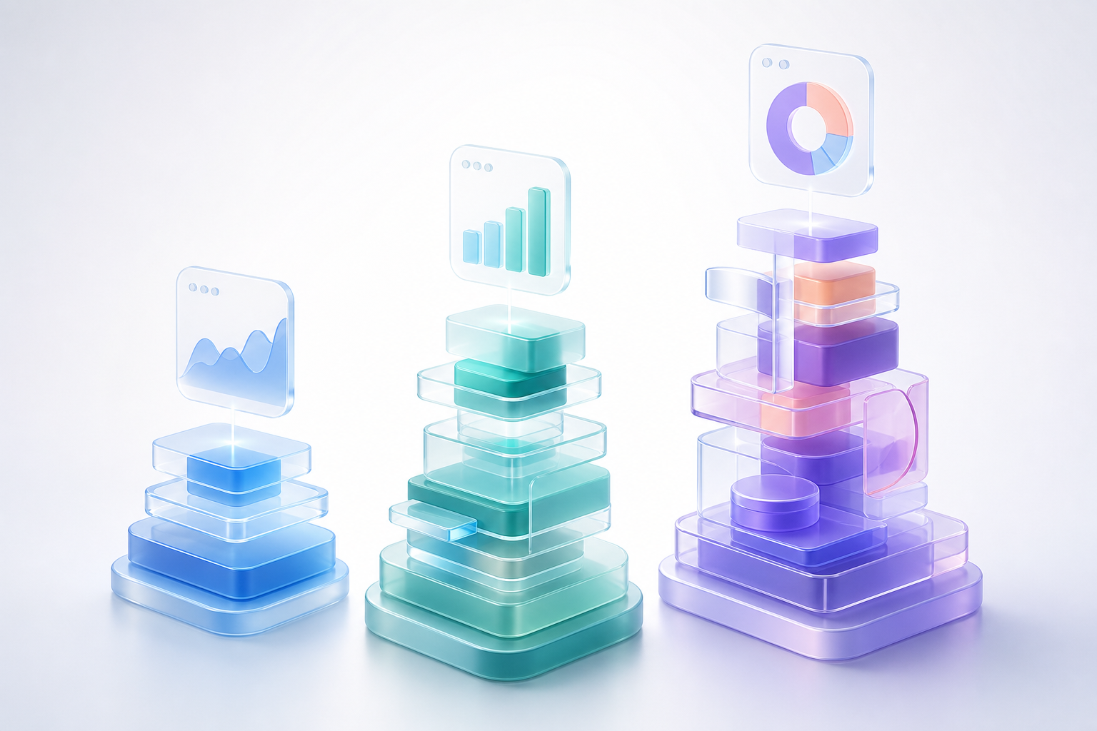 Three tiered glass structures of increasing height and complexity, each capped with a chart module, representing the BI stack from data pipeline to insight
