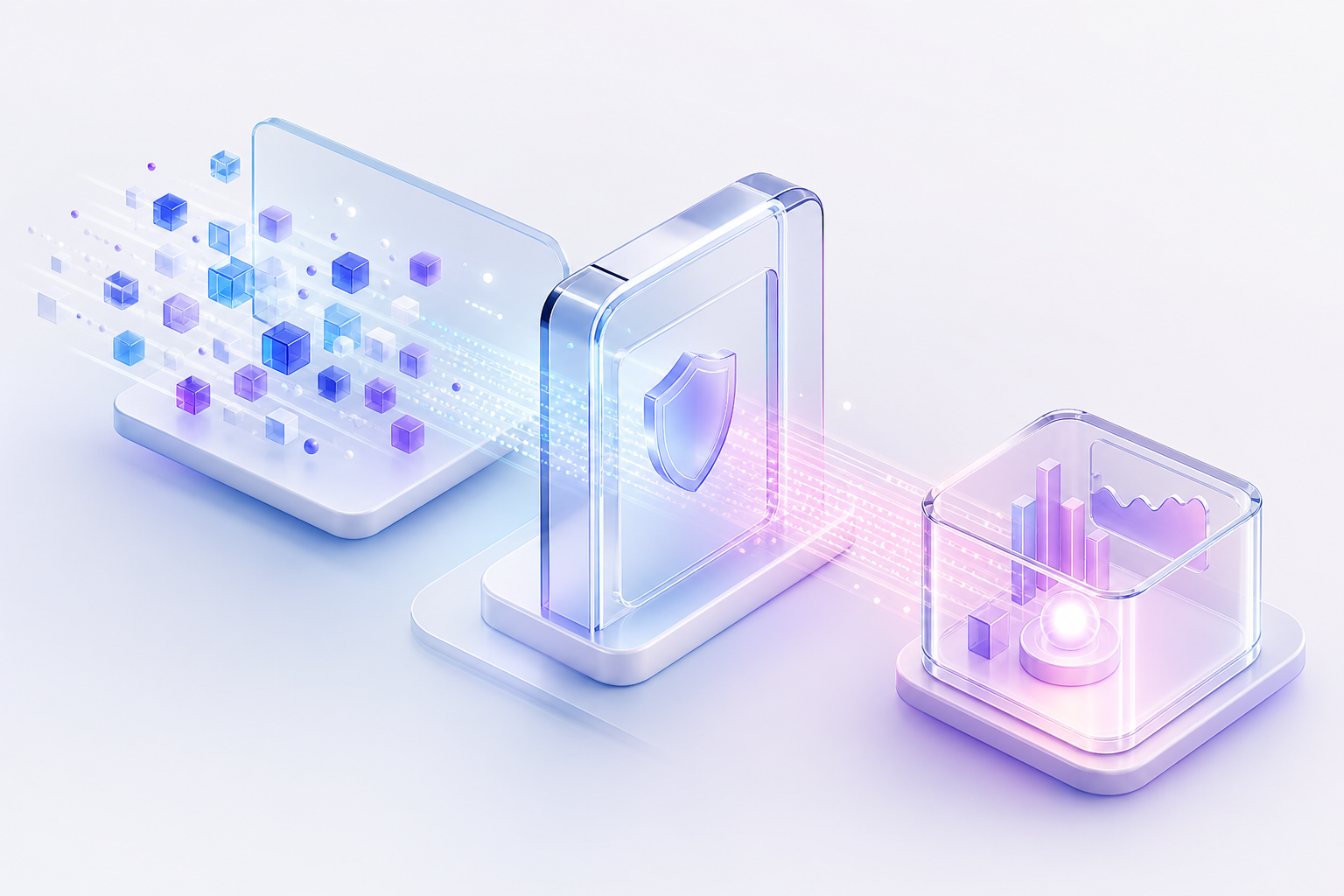 A glass checkpoint gate with a data stream flowing through it into a glowing insight module, representing governed AI-powered analytics