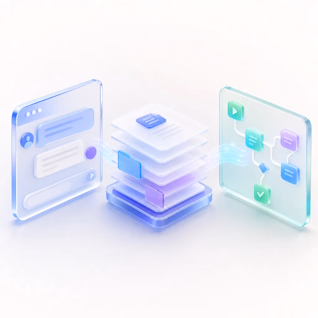 Square illustration of generative AI product building blocks: assistant panel, retrieval layer and automation flow