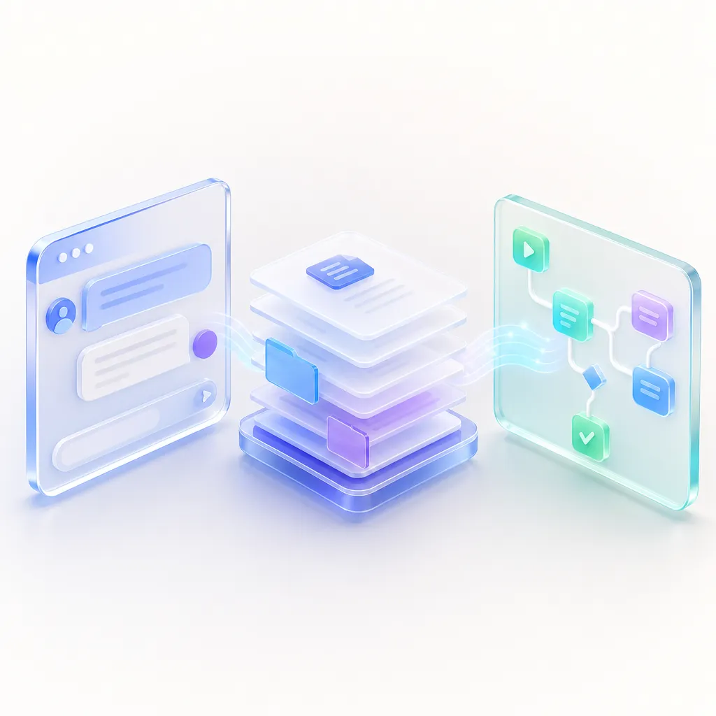 Square illustration of generative AI product building blocks: assistant panel, retrieval layer and automation flow