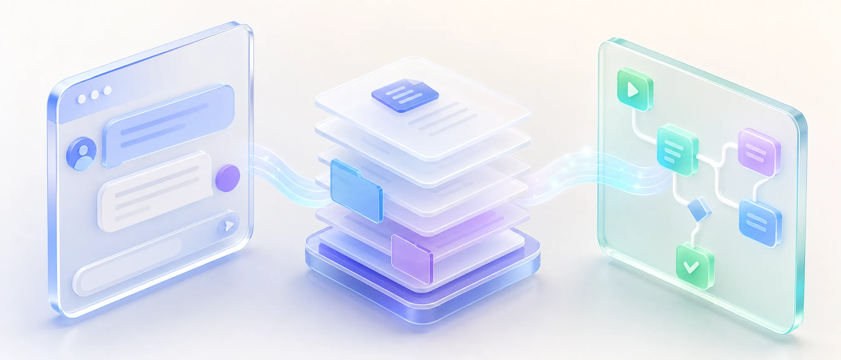 Three glass modules representing a generative AI assistant, a document retrieval layer and an automated workflow, connected by light ribbons
