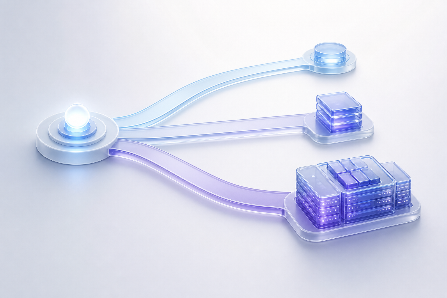 A decision fork diverging into three paths of increasing complexity, representing the choice between an API model, a fine-tuned model and a self-hosted open-weight model