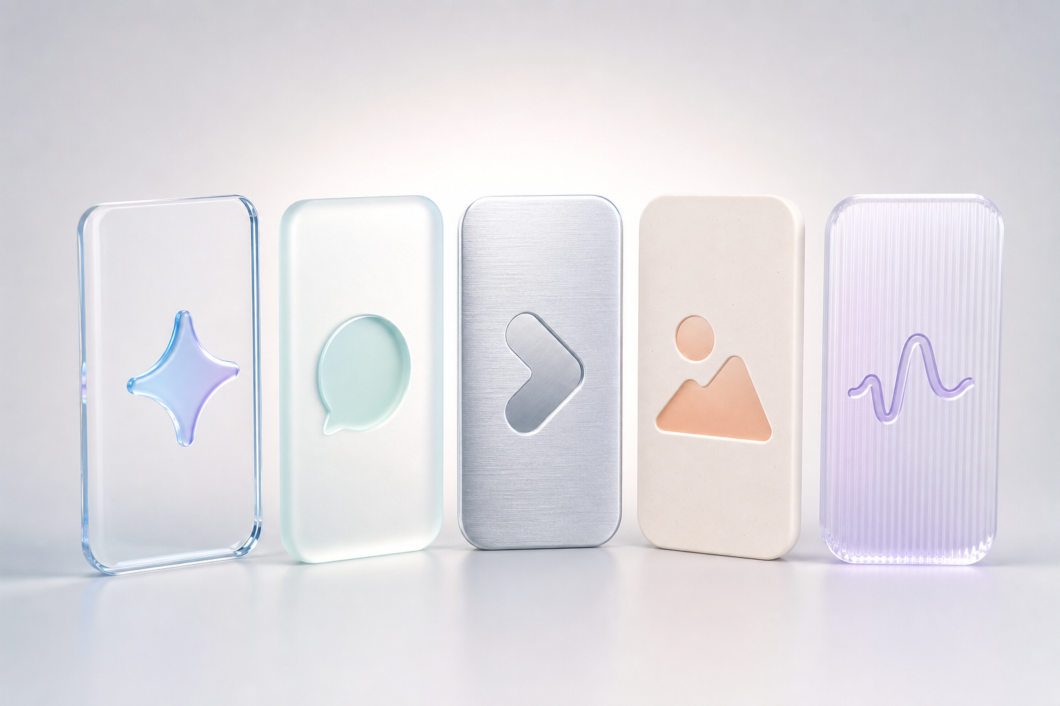 Five abstract cards in different materials representing generative AI product patterns: internal assistant, support assistant, document extraction, content generation and agentic workflow