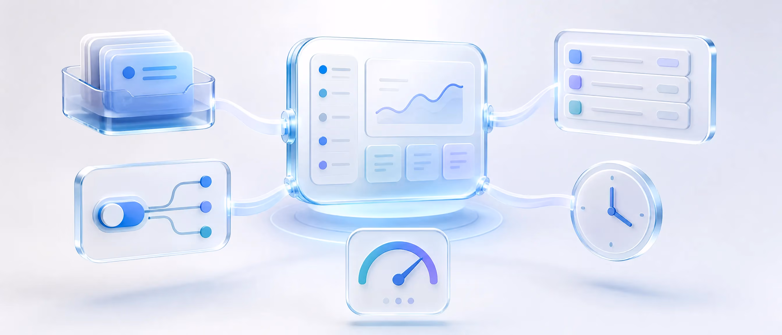 A floating glass dashboard hub with an inbox tray, routing switch, review queue, timer and monitoring gauge connecting into it, representing an automated workflow