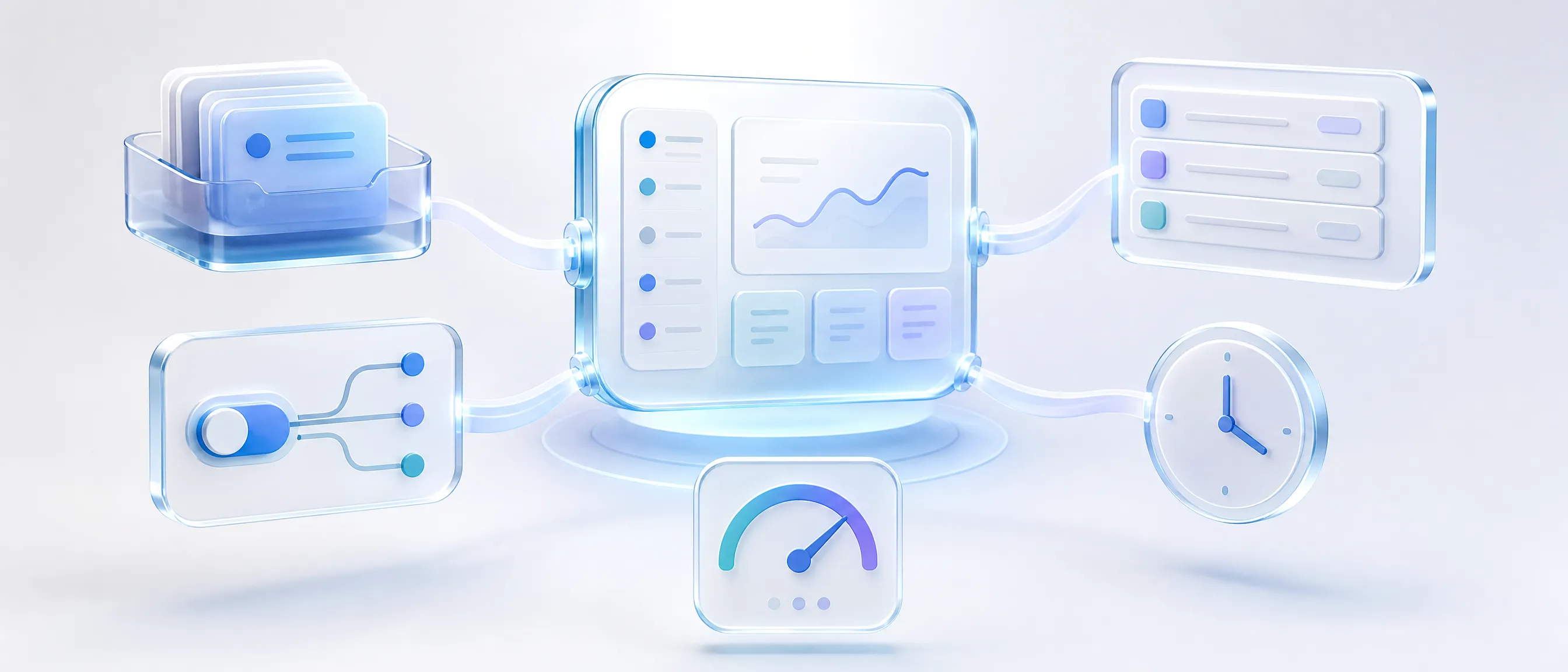 A floating glass dashboard hub with an inbox tray, routing switch, review queue, timer and monitoring gauge connecting into it, representing an automated workflow