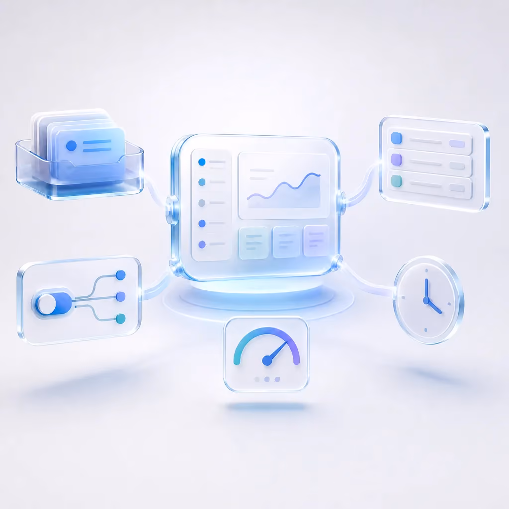 Square illustration of an AI workflow automation hub with orbiting process modules