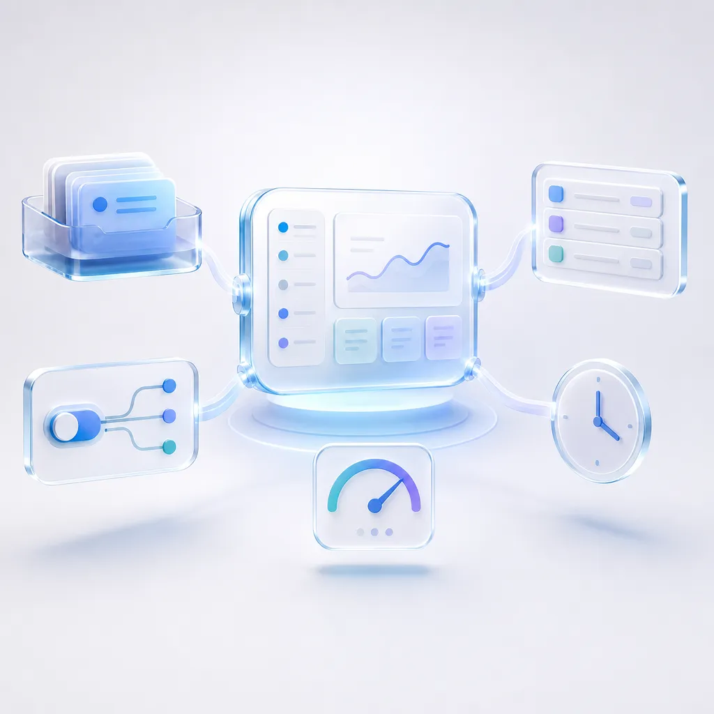 Square illustration of an AI workflow automation hub with orbiting process modules