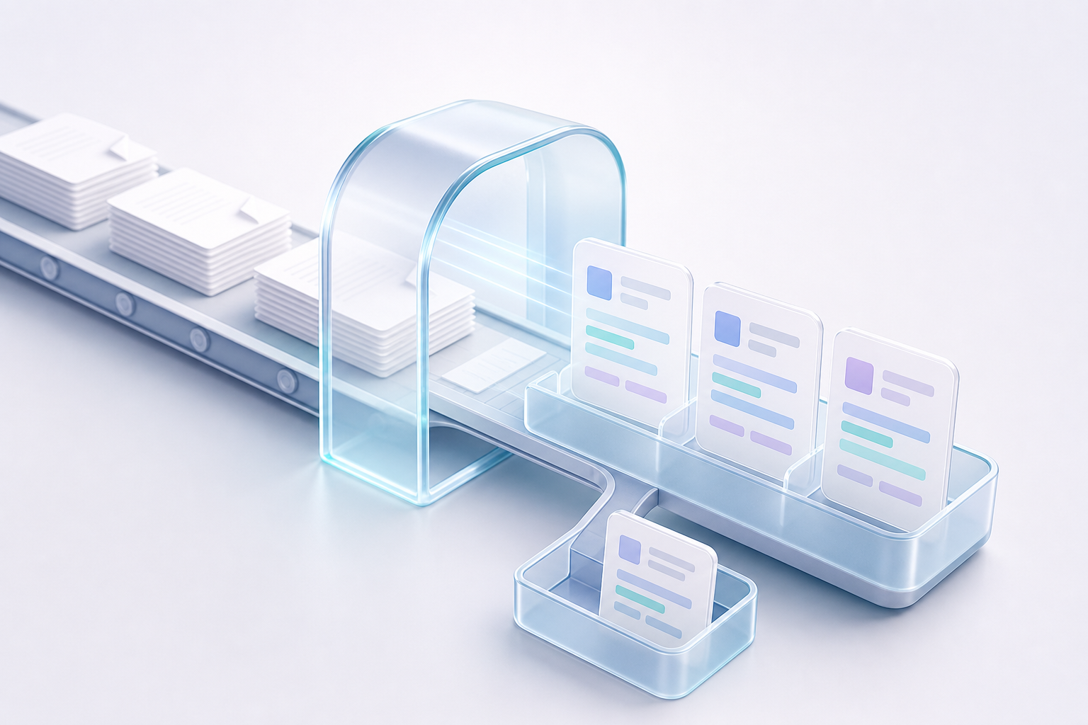 Documents travelling along a conveyor through a glass extraction arch and emerging as structured data cards, with one card diverted to a review tray